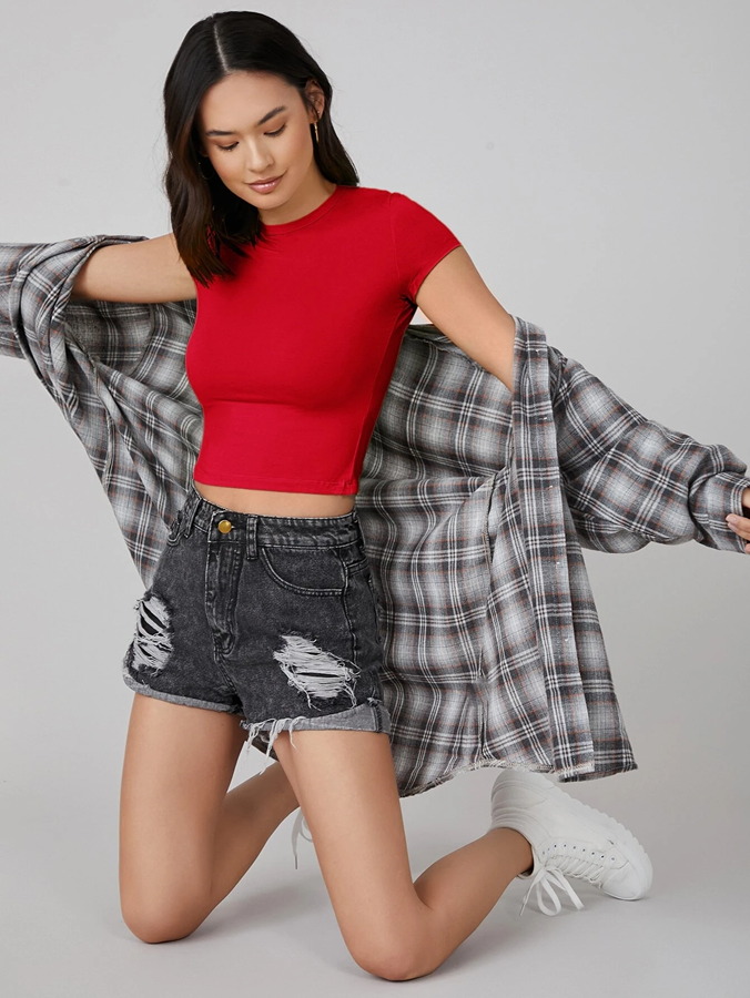 Summer's Love Red Crop top Mock Neck Short Sleeves