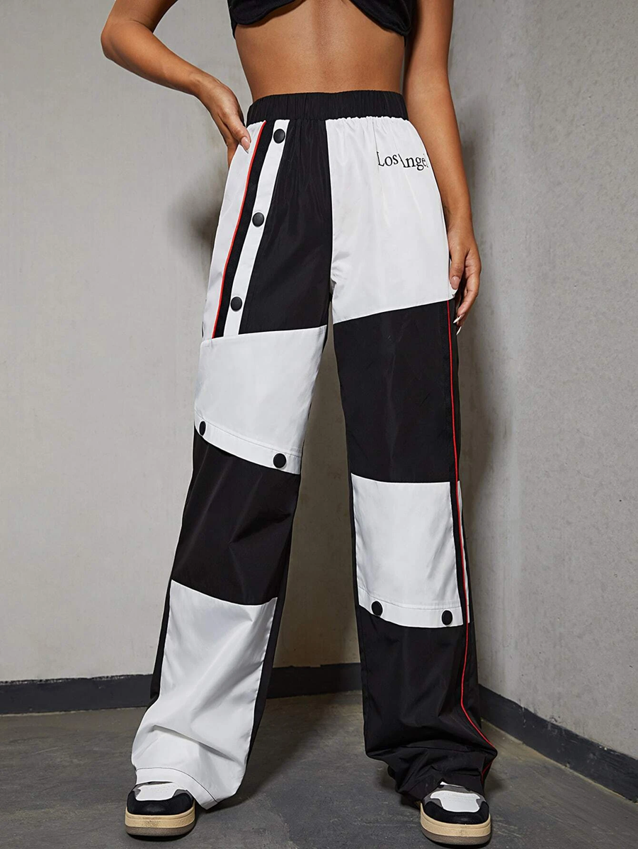 Letter Graphic Button Front Colourblock Trousers