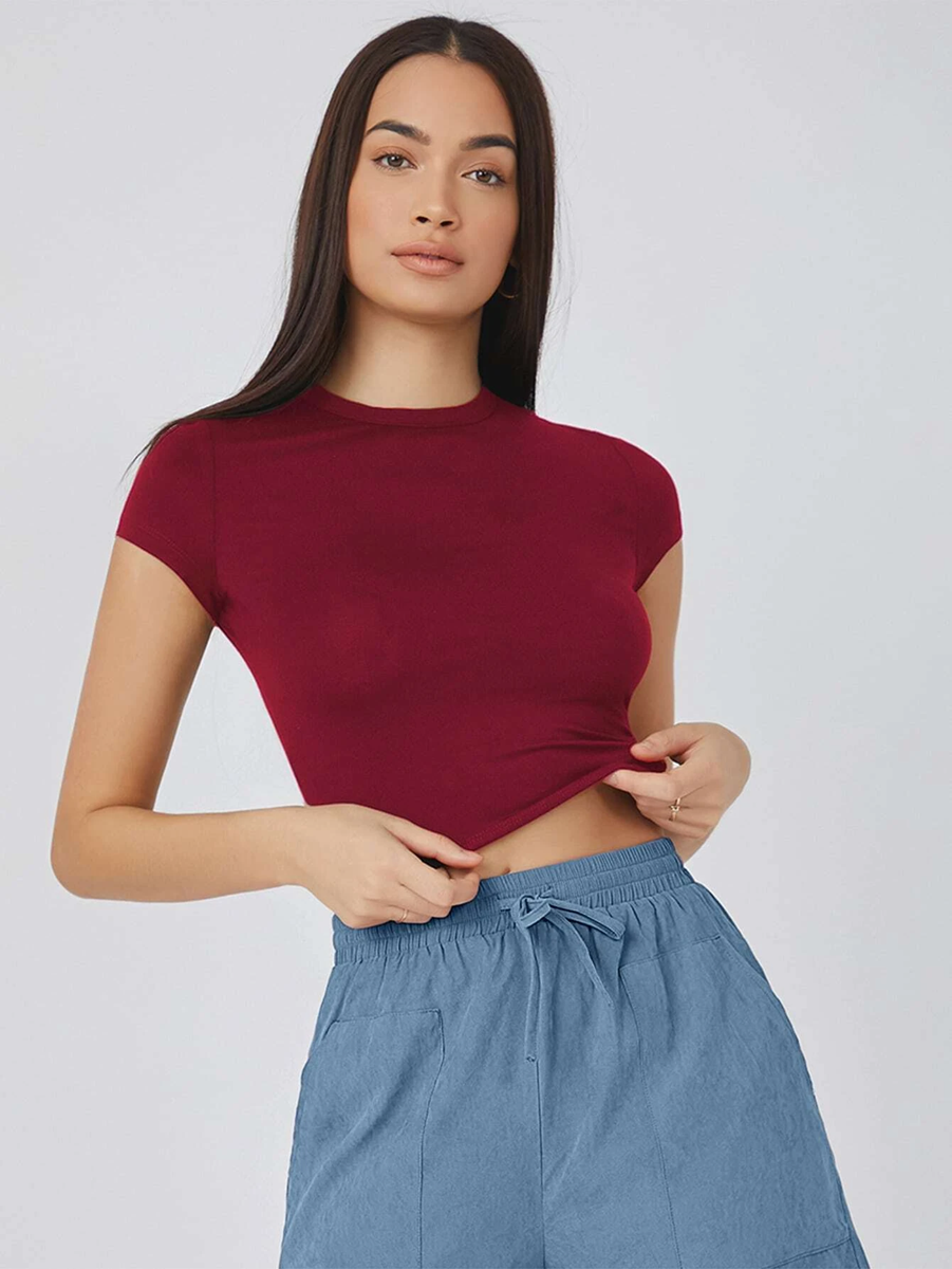 Summer's Love Green Maroon Crop top Mock Neck Short Sleeves