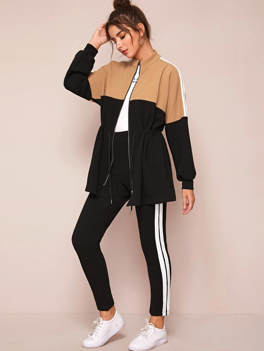 Subtle Work Zip Up Colorblock Long Sweatshirt & Striped Side Leggings Set