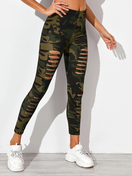 Camo Print Laddering Ripped Leggings