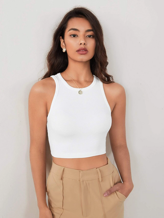 Summer's Love White Rib Crop Tank Top Round neck