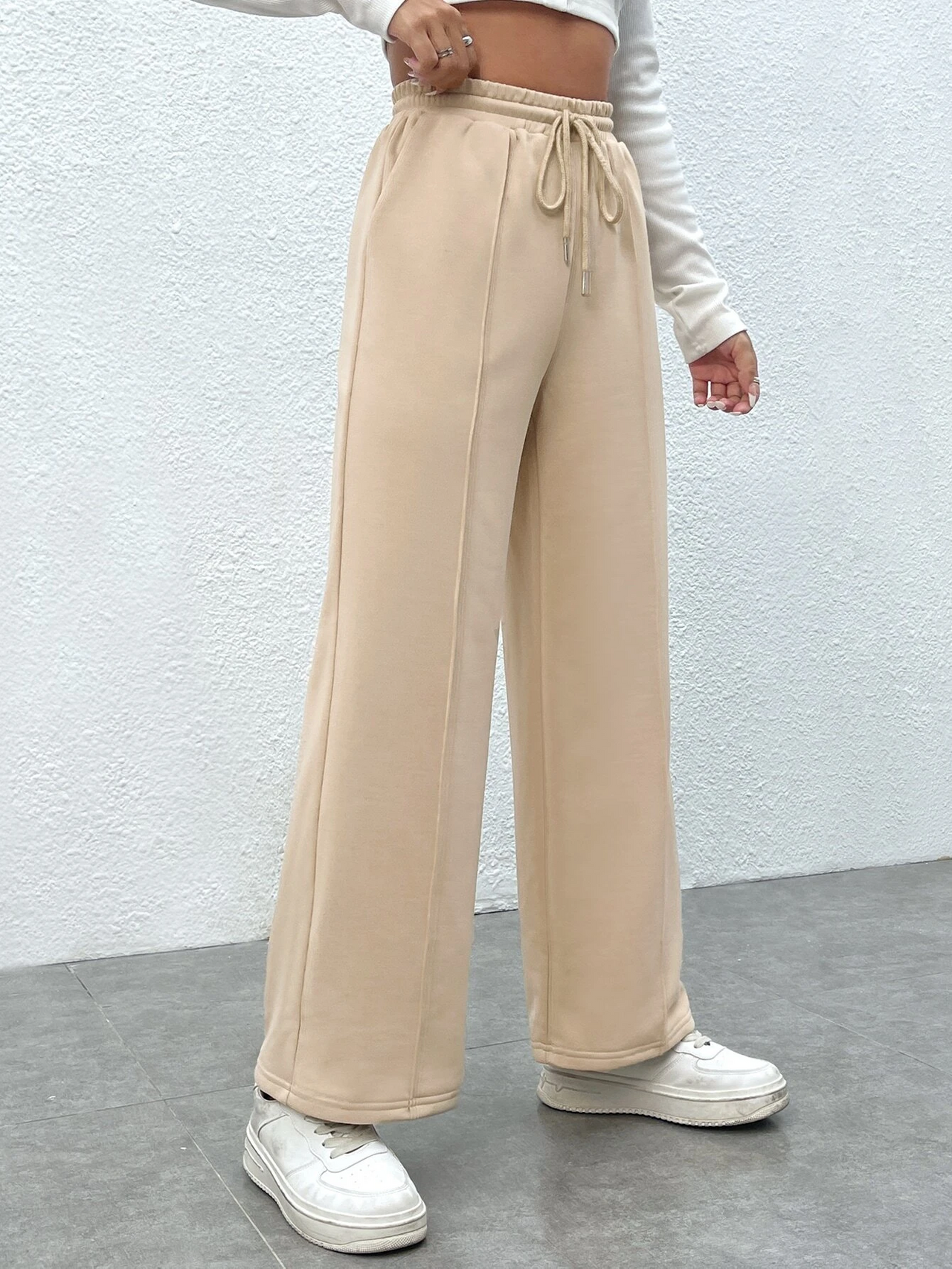 Cream Broad Pants With Front Pleat For Athleisure