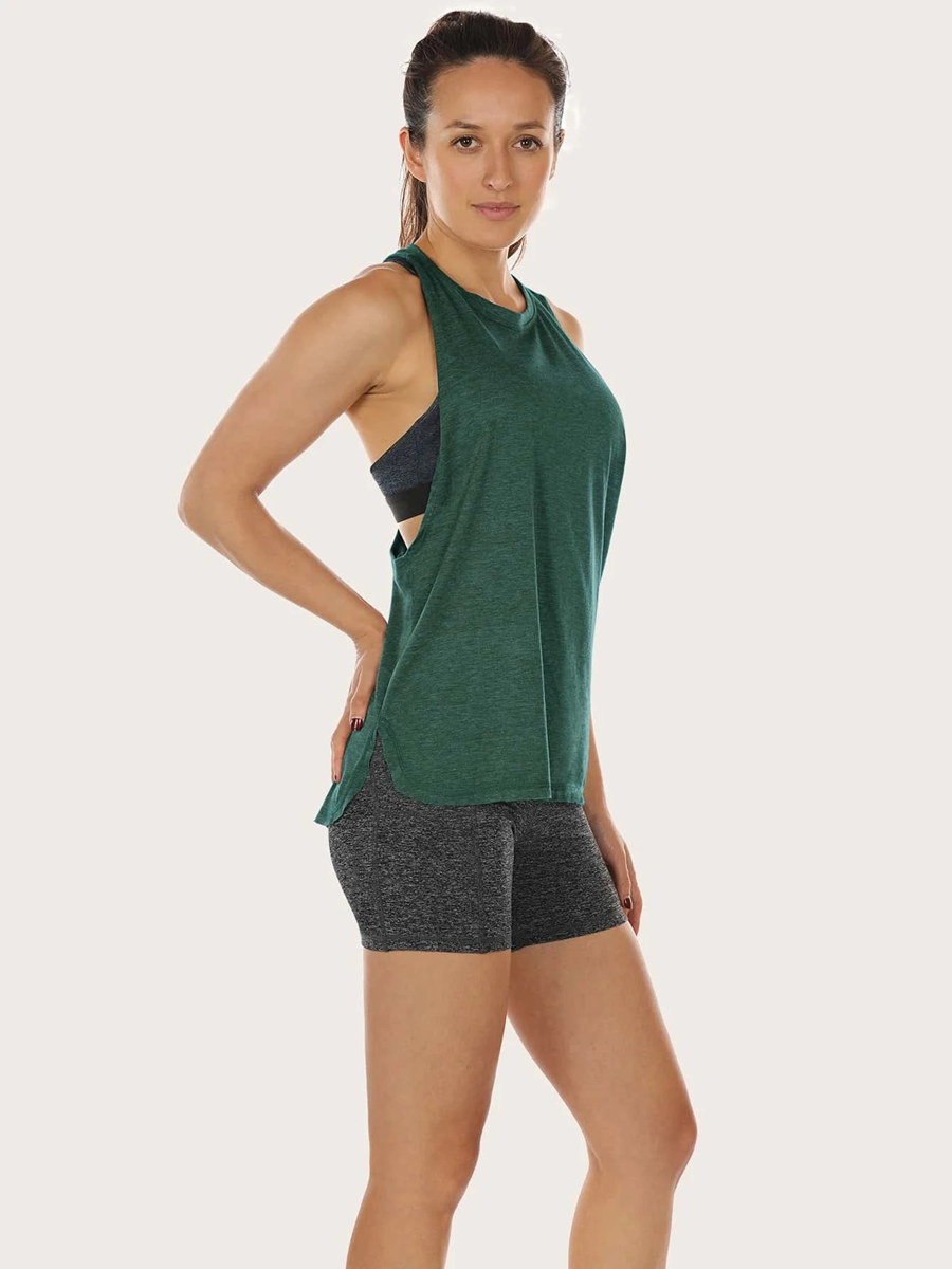 Racer Back Low Armhole Sports Tee Without Bra Dark Green