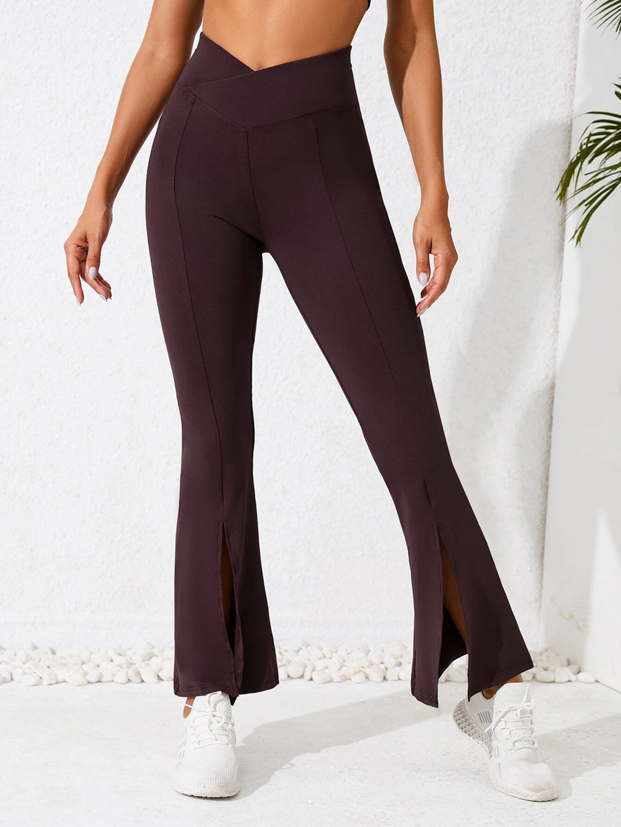 Dark Wine Flare Yoga Pants Front slit and overlap V belt