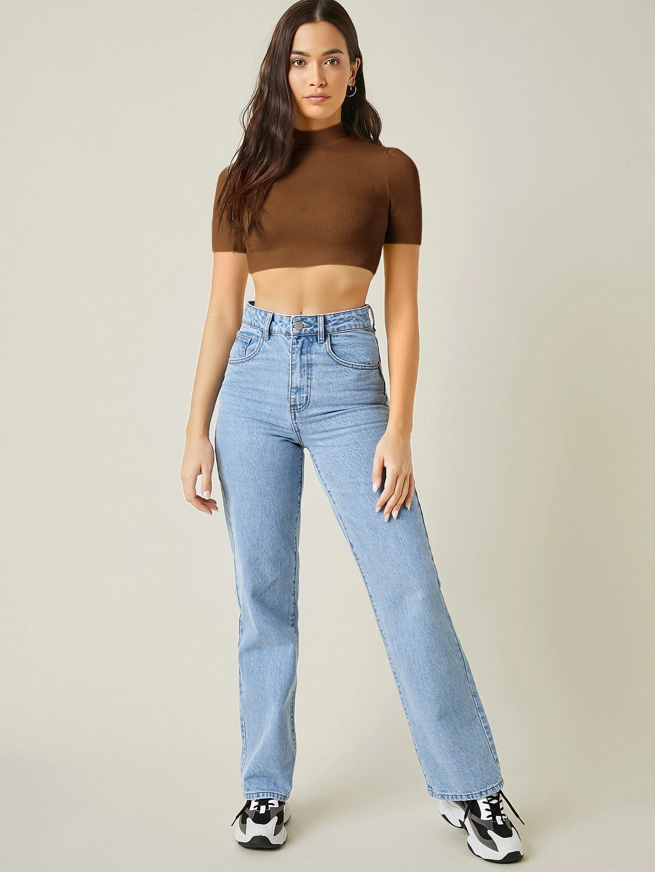 Summer Brown Mock Neck Half Sleeve Ribbed Crop Top