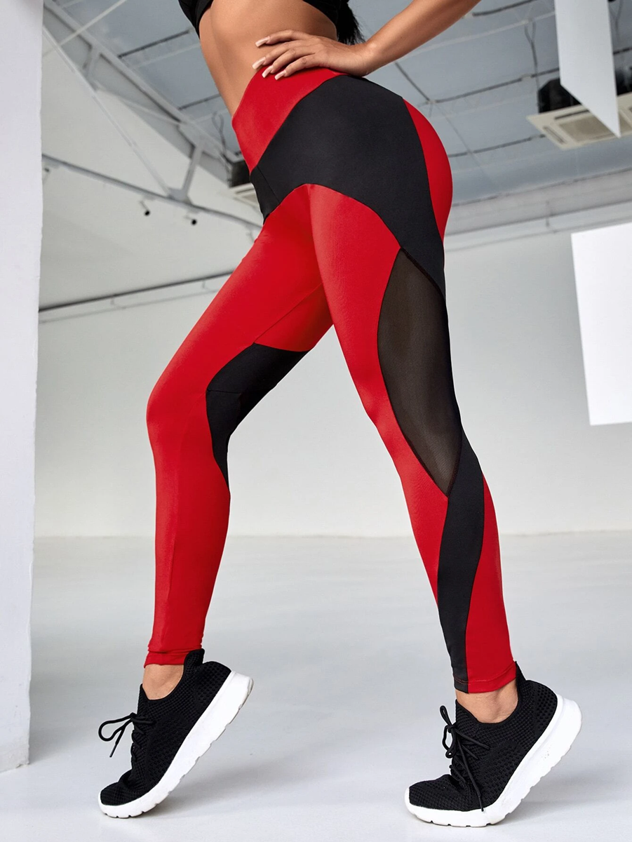 Red Black Mesh Gym Tights High Waist