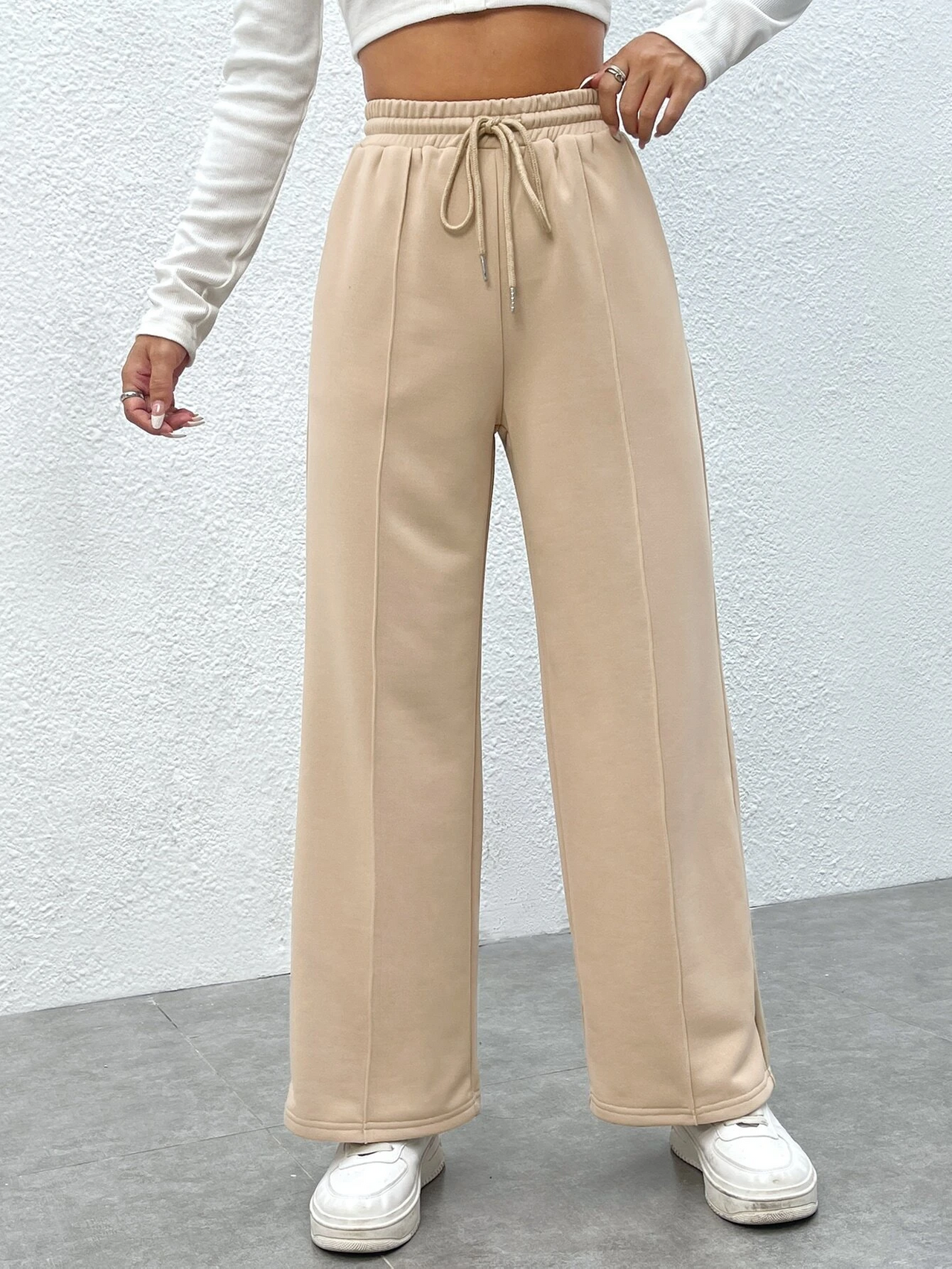 Cream Broad Pants With Front Pleat For Athleisure