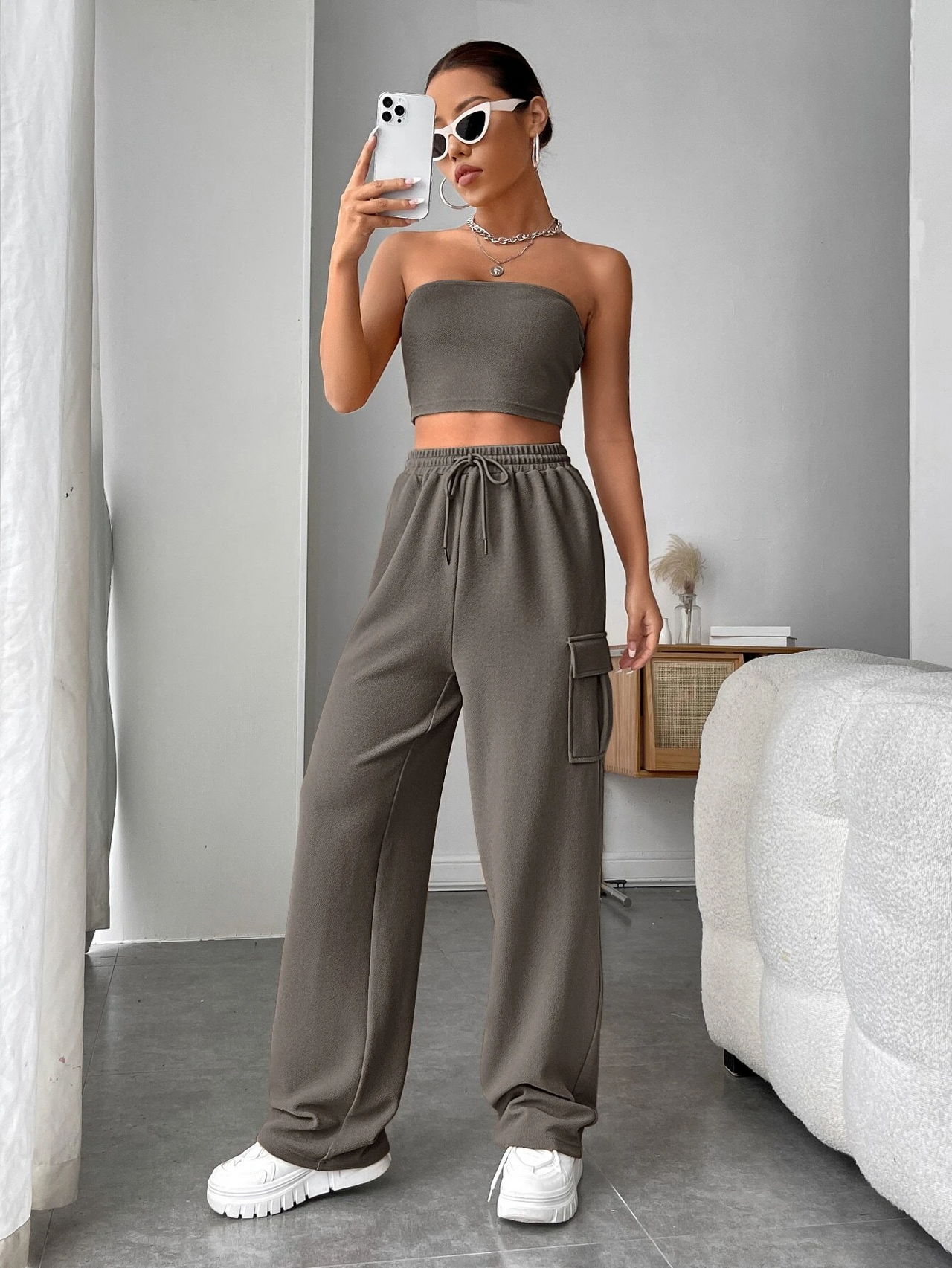 Grey Broad Cargo Pocket Pants Crop Top