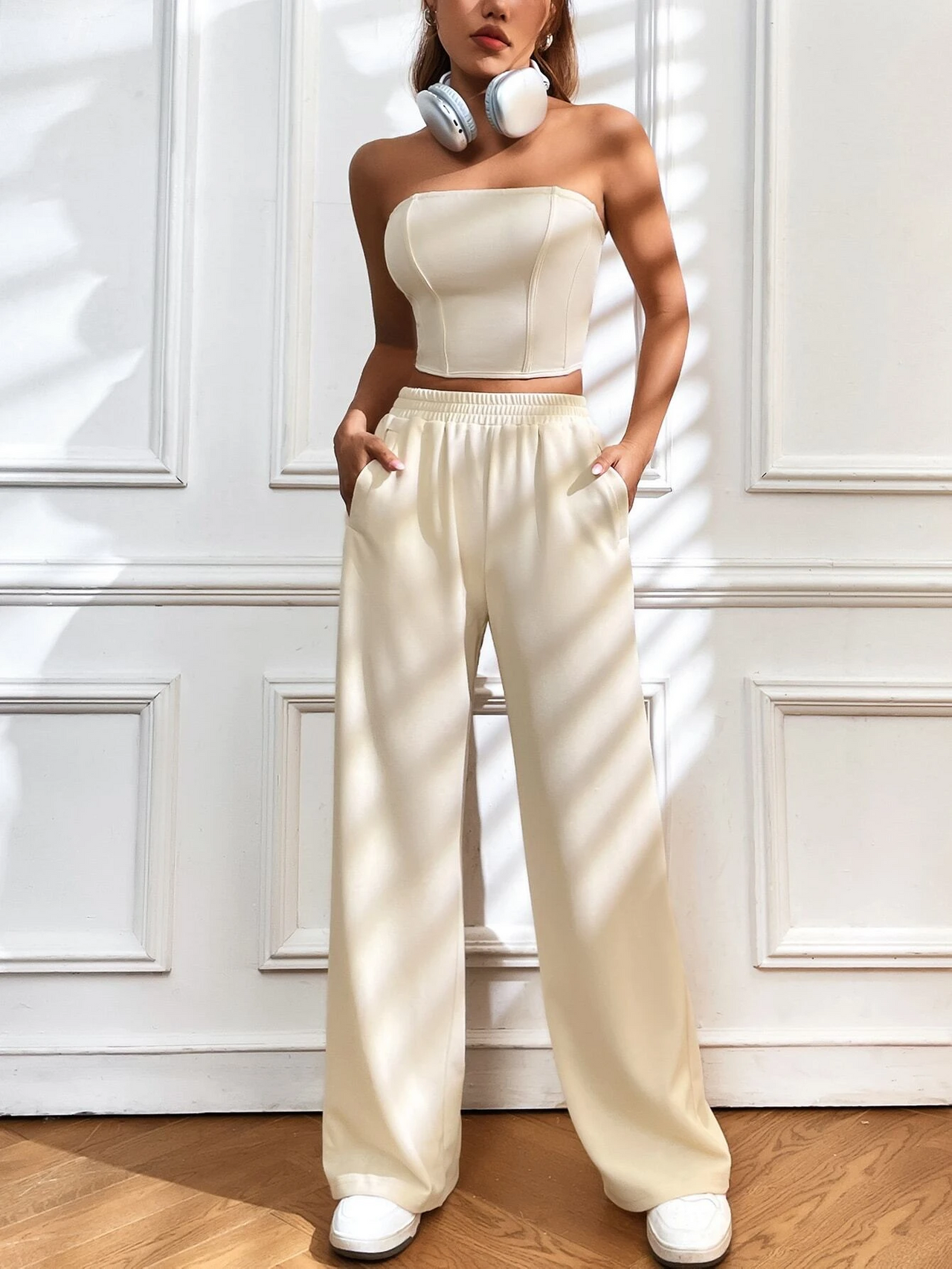 Cream Broad Pants And Crop Top