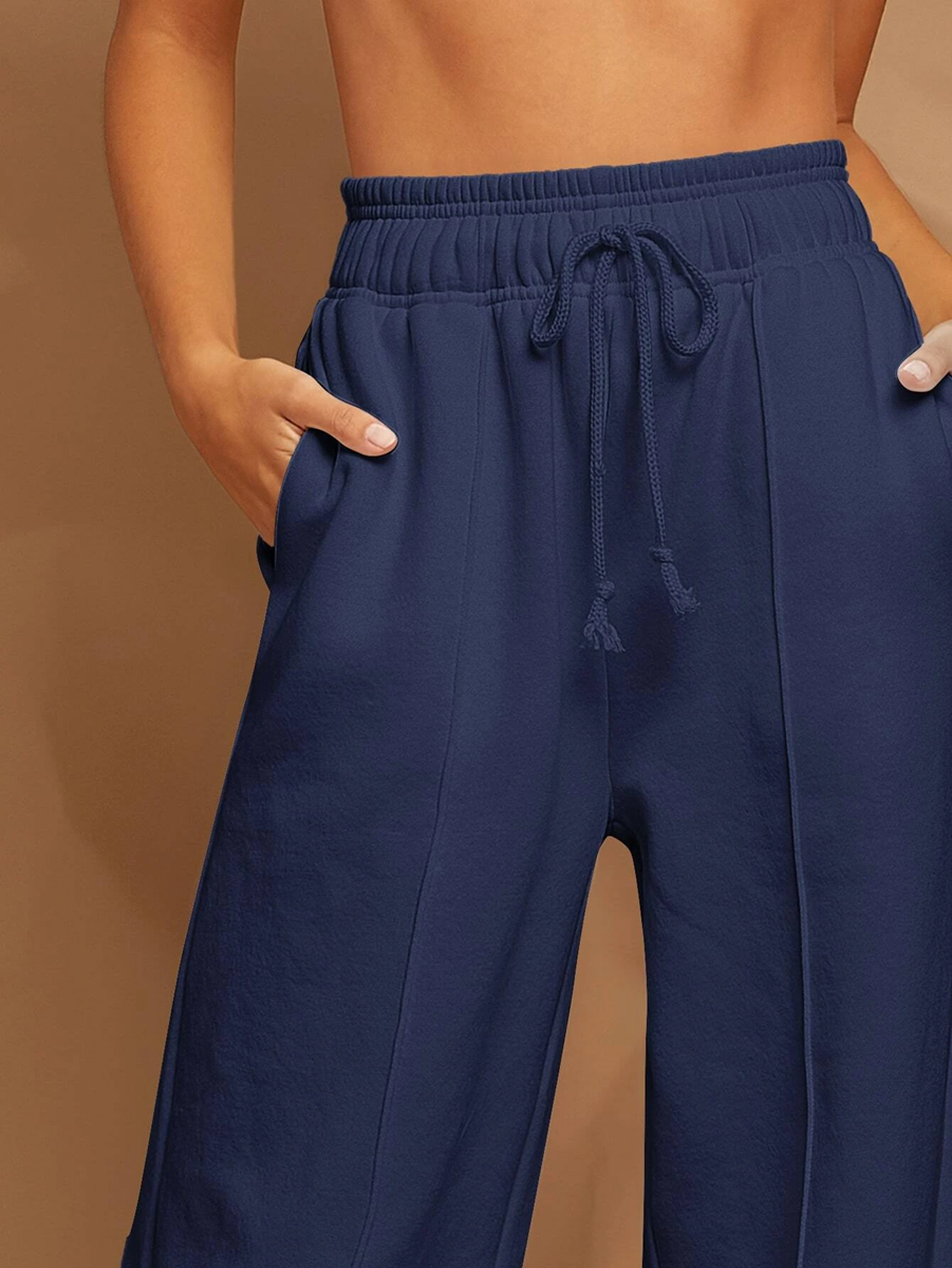 Navy blue broad pants with front pleat for athleisure