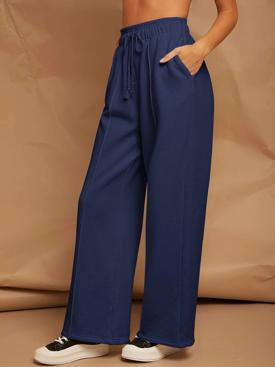 Navy blue broad pants with front pleat for athleisure