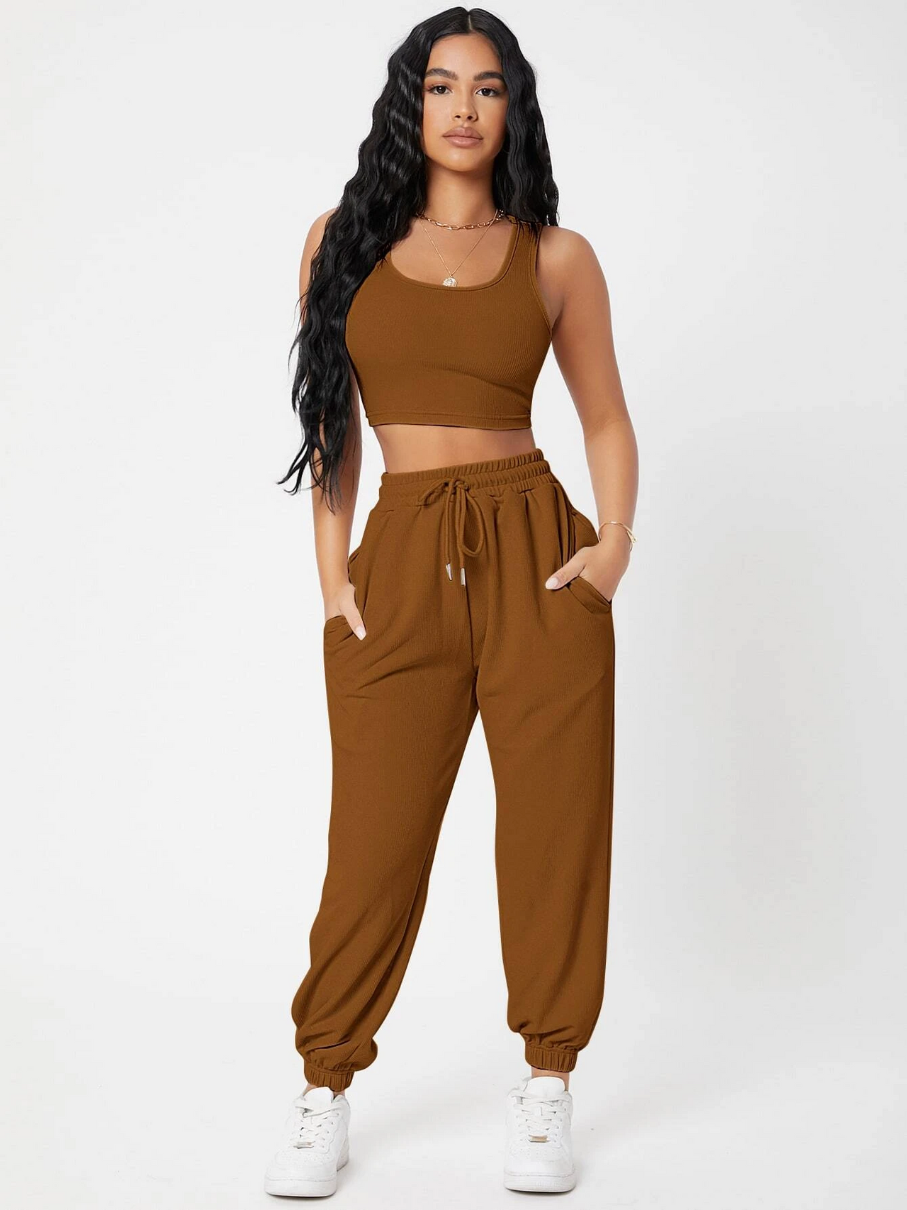 Brown Joggers And Crop Top