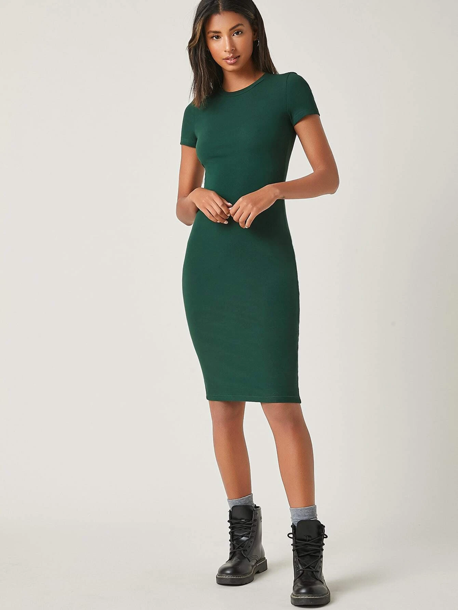 Subtle summer Dark Green Bodycon Dress Round Neck Short sleeves