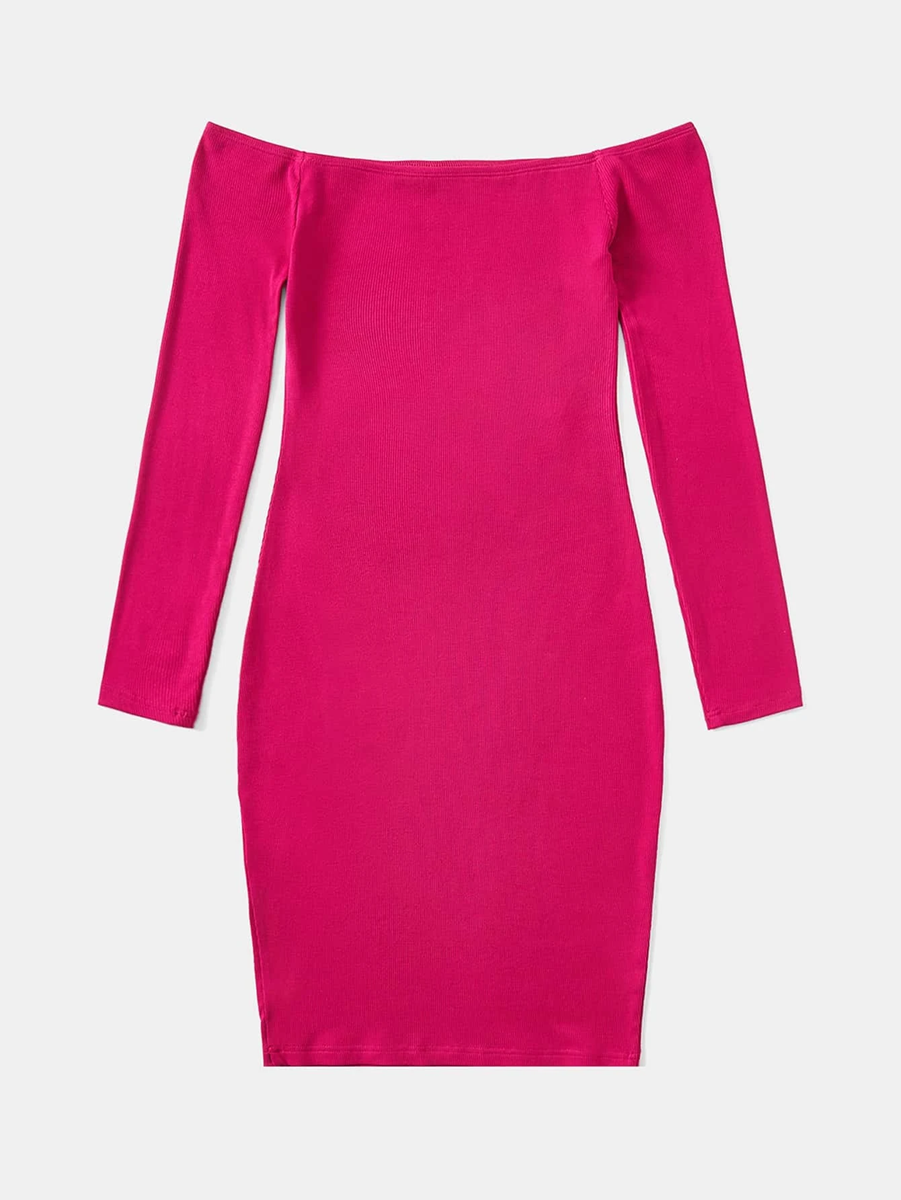 Barbie Pink Bodycon Dress Off Shoulder Knee Length