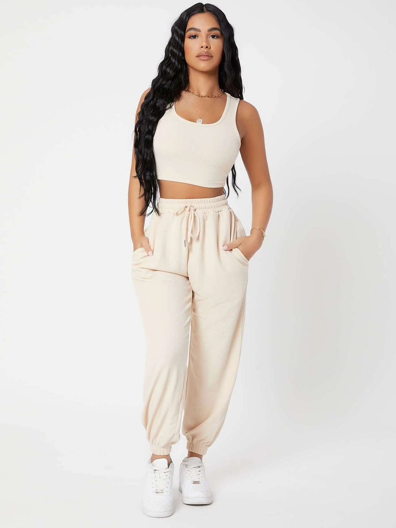 Cream Joggers And Crop Top