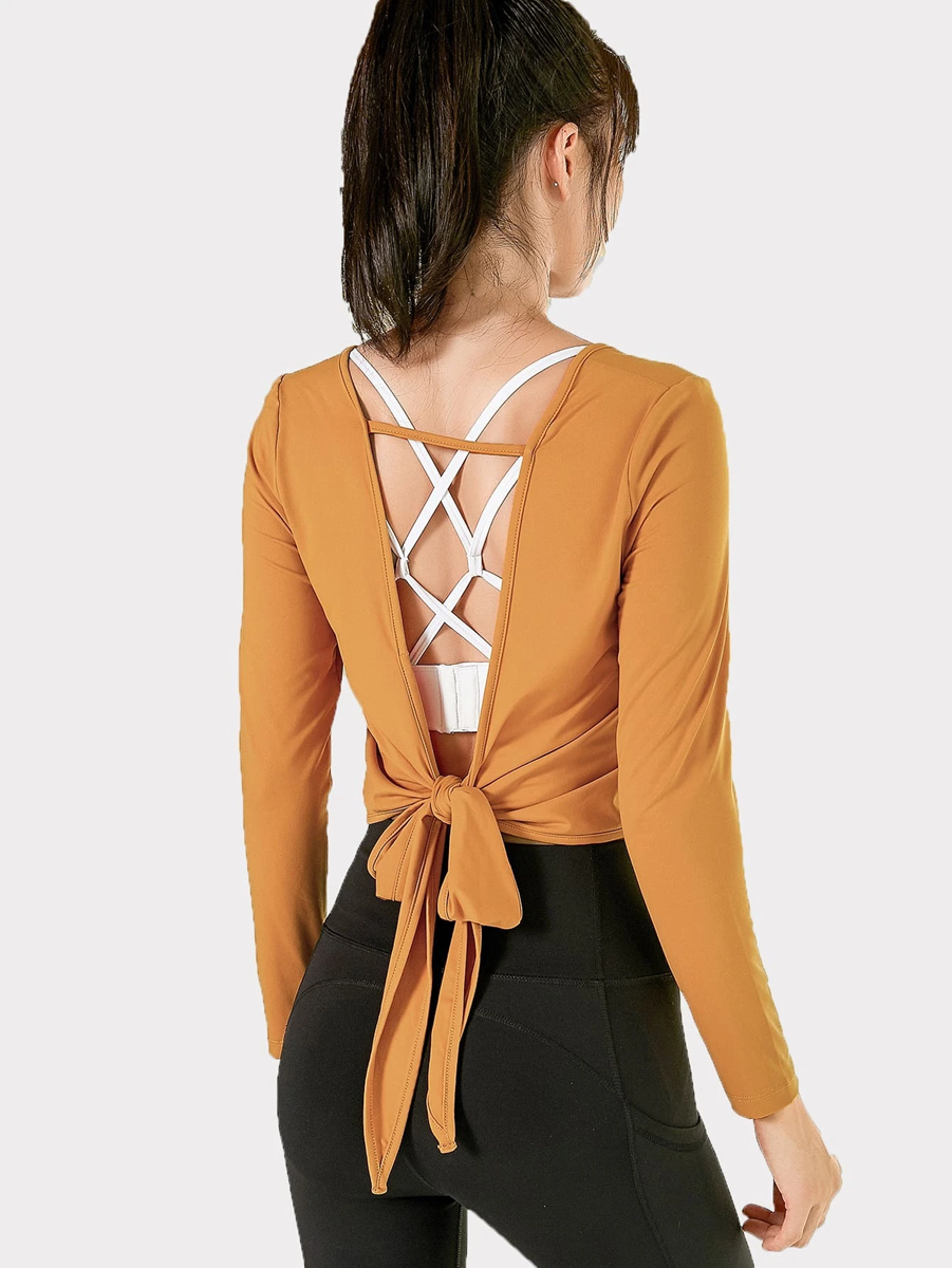 Mustard Yellow Tied Open Back Sports Top Without Camisole